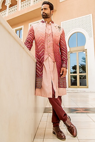 Wine Ombre Kurta Set With Long Jacket For Boys by Soniya G KIDS