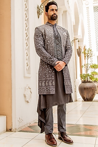 Grey Kurta Set With Ombre Long Jacket For Boys by Soniya G KIDS