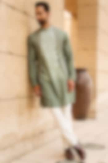 Pastel Pista Kurta Set With Embroidered Open Jacket For Boys by Soniya G KIDS at Pernia's Pop Up Shop