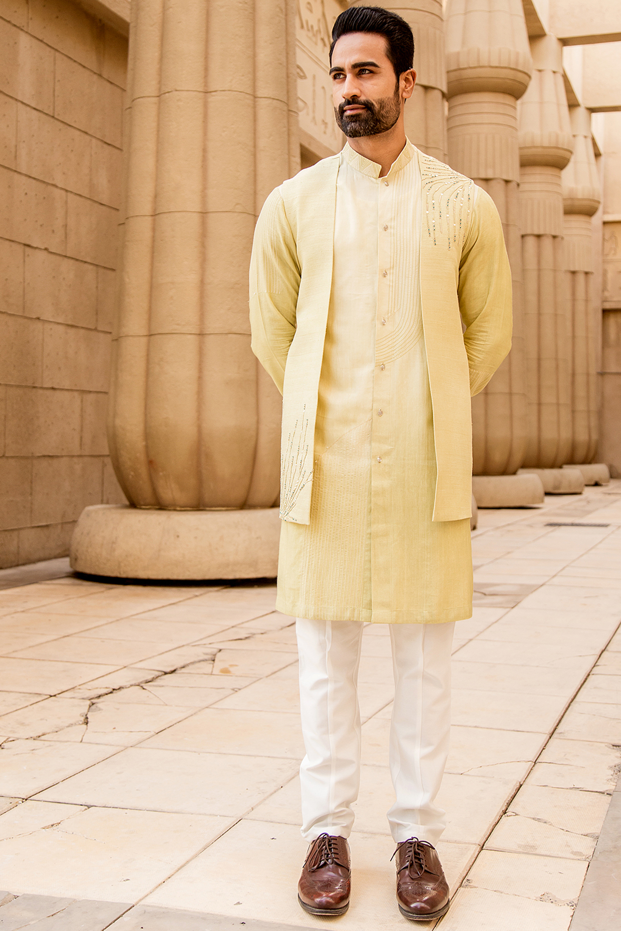 Lemon Kurta Set With Open Jacket For Boys by Soniya G KIDS at Pernia's Pop Up Shop