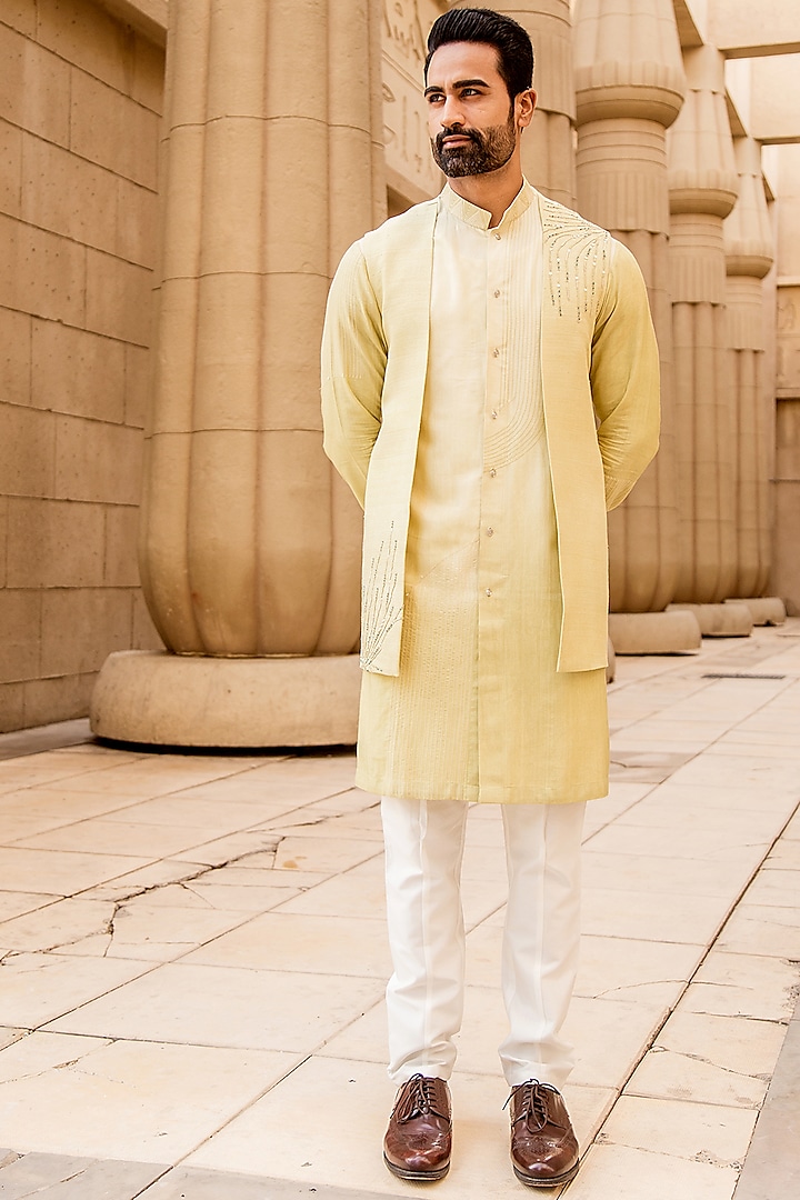 Lemon Kurta Set With Open Jacket For Boys by Soniya G KIDS at Pernia's Pop Up Shop