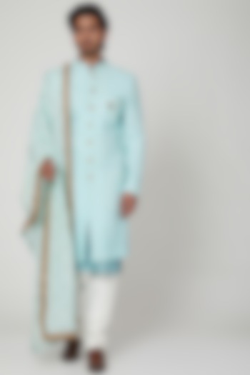 Duckegg Blue Lucknowi Jacket Set For Boys by Soniya G KIDS