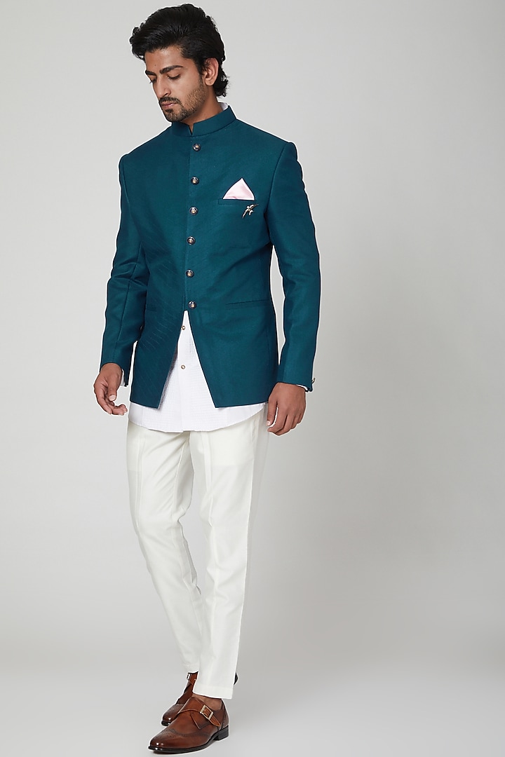 Turk Blue Embroidered Bandhgala Jacket With Pants For Boys by Soniya G KIDS