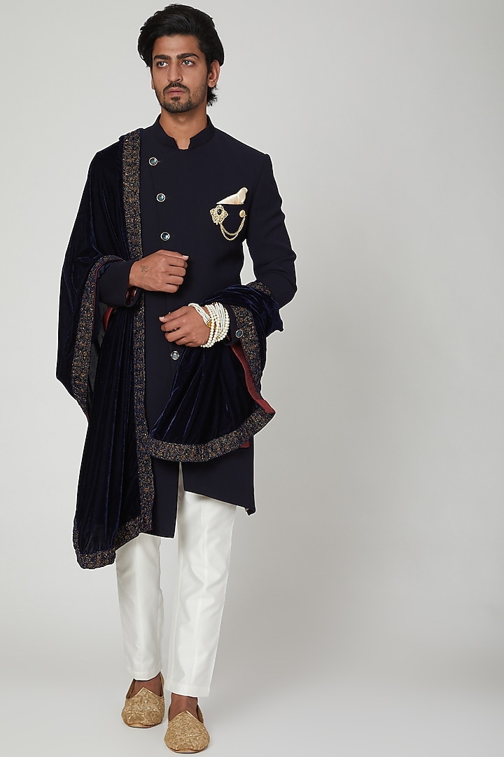 Midnight Blue Angrakha Sherwani Set With Stole For Boys by Soniya G KIDS