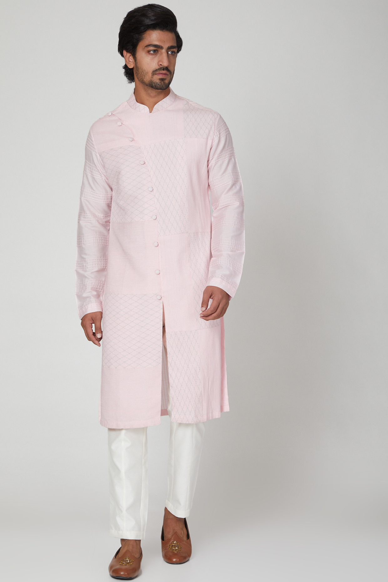 Baby Pink Angrakha Kurta Set For Boys by Soniya G KIDS