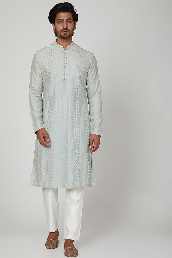 Duckegg Blue Pleated Straight Kurta Set For Boys by Soniya G KIDS