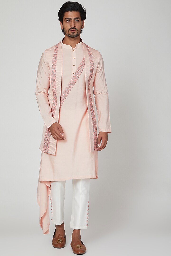 Baby Pink Embroidered Kurta Set With Jacket For Boys by Soniya G KIDS