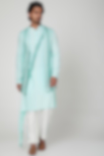 Turquoise Embroidered Kurta Set With Jacket For Boys by Soniya G KIDS