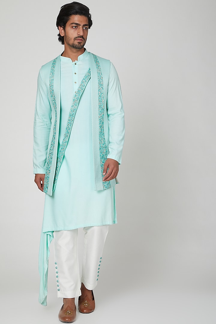 Turquoise Embroidered Kurta Set With Jacket For Boys by Soniya G KIDS
