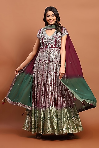 Maroon Ombre Silk Blend Printed & Embroidered Anarkali Set by Soniya G