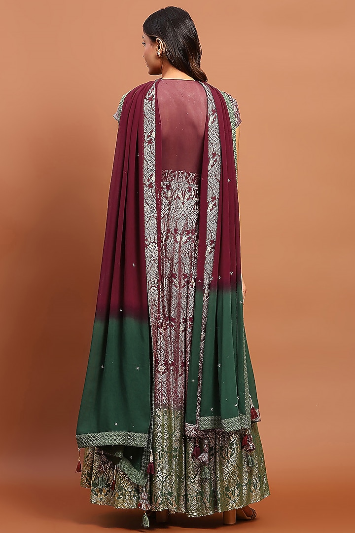 Maroon Ombre Silk Blend Printed & Embroidered Wedding Anarkali Set by Soniya G at Pernia's Pop Up Shop