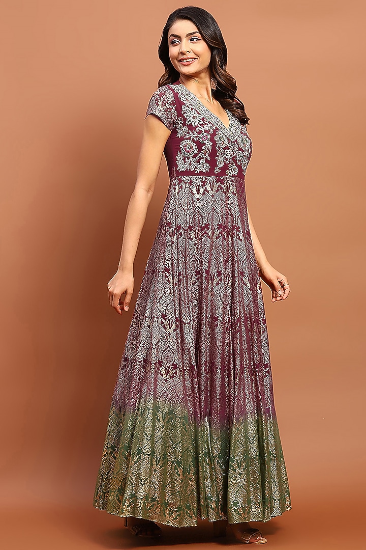 Maroon Ombre Silk Blend Printed & Embroidered Wedding Anarkali Set by Soniya G at Pernia's Pop Up Shop