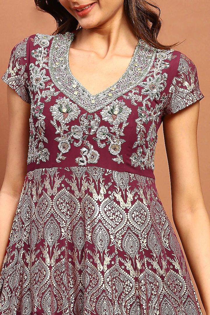 Maroon Ombre Silk Blend Printed & Embroidered Wedding Anarkali Set by Soniya G at Pernia's Pop Up Shop
