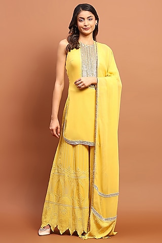 Yellow Chikankari Gharara Set by Soniya G