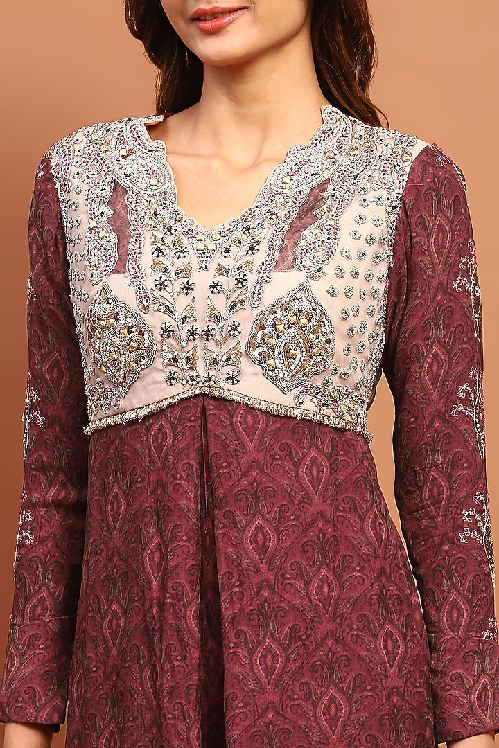 Maroon Cotton Blend Printed & Embroidered Kurta Set by Soniya G at Pernia's Pop Up Shop