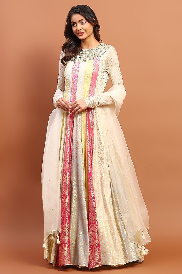 Multi-Colored Silk Blend Printed & Embroidered Anarkali Set by Soniya G at Pernia's Pop Up Shop