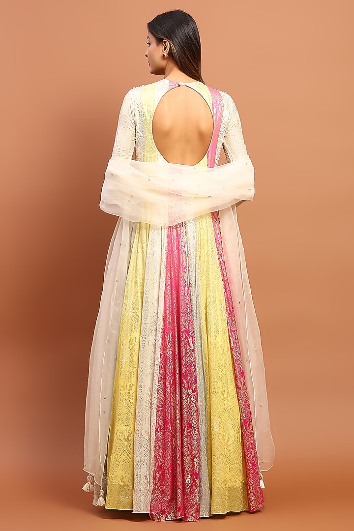 Multi-Colored Silk Blend Printed & Embroidered Wedding Anarkali Set by Soniya G at Pernia's Pop Up Shop