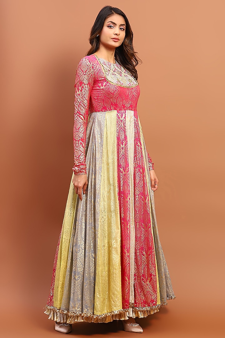 Multi-Colored Silk Blend & Georgette Printed Wedding Anarkali Set by Soniya G at Pernia's Pop Up Shop