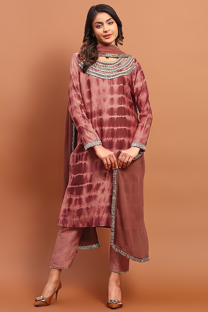 Brown Cotton Blend Embroidered Tie-Dye Kurta Set by Soniya G