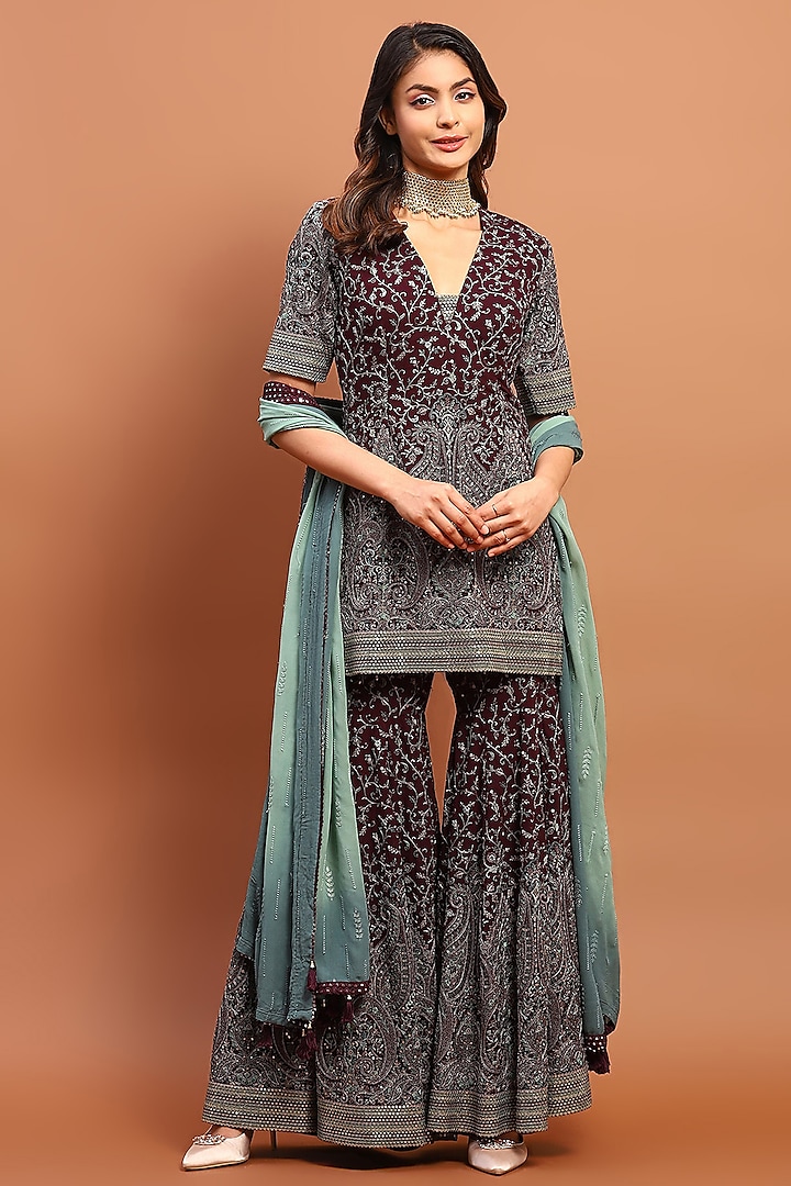 Dark Maroon Cotton Blend Embroidered Gharara Set by Soniya G at Pernia's Pop Up Shop