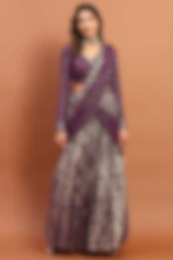 Dark Purple Silk Blend Printed Draped Saree Set by Soniya G