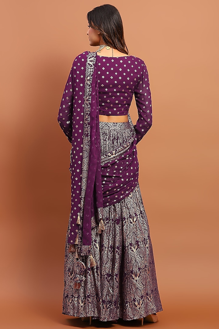 Dark Purple Silk Blend Printed Draped Wedding Saree Set by Soniya G at Pernia's Pop Up Shop