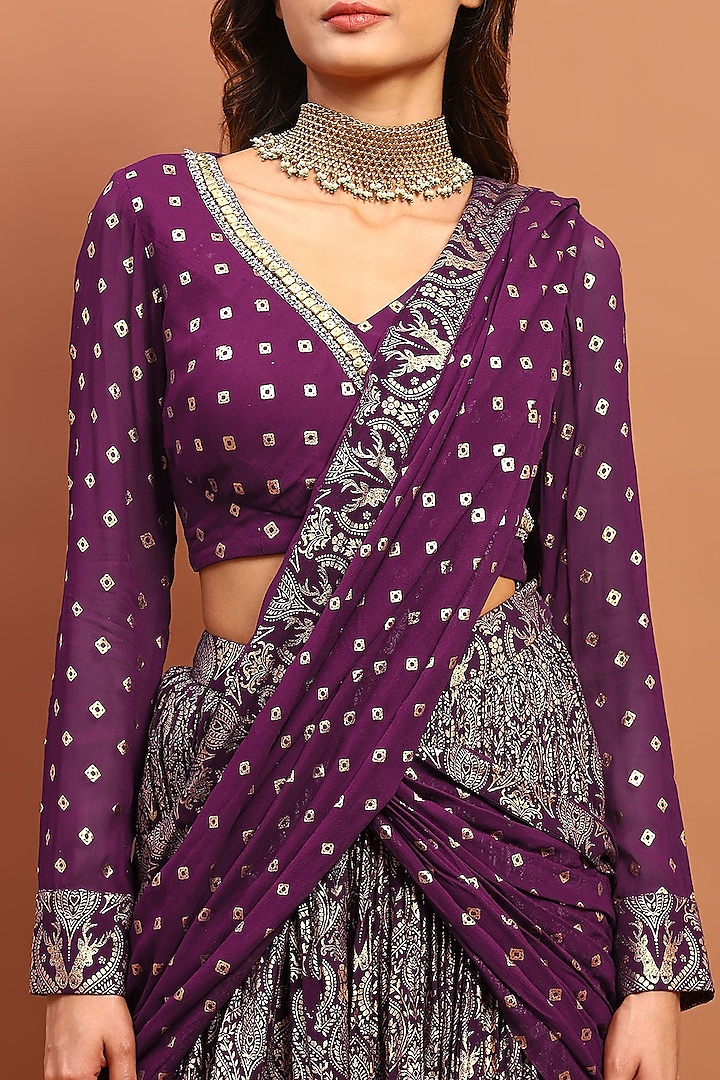 Dark Purple Silk Blend Printed Draped Wedding Saree Set by Soniya G at Pernia's Pop Up Shop