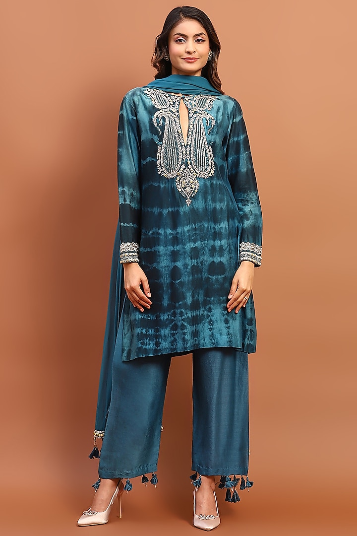 Persian Blue Cotton Blend Embroidered & Printed Kurta Set by Soniya G