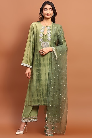 Olive Green Georgette Embroidered & Printed Kurta Set by Soniya G