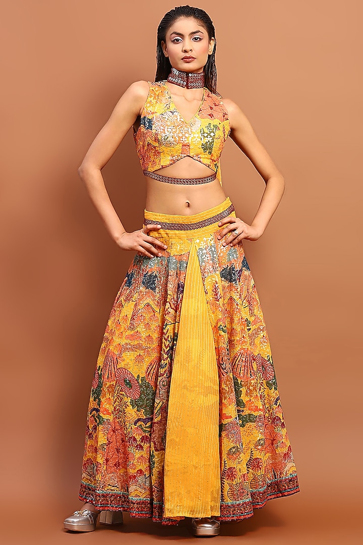Mustard Cotton Blend Printed Skirt Set by Soniya G