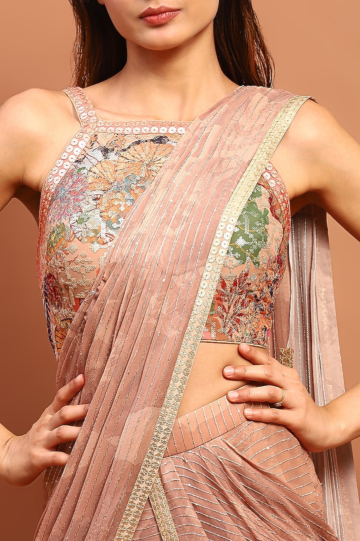 Beige Cotton Printed Draped Party Wear Saree Set by Soniya G at Pernia's Pop Up Shop