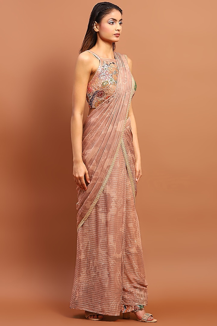 Beige Cotton Printed Draped Party Wear Saree Set by Soniya G at Pernia's Pop Up Shop