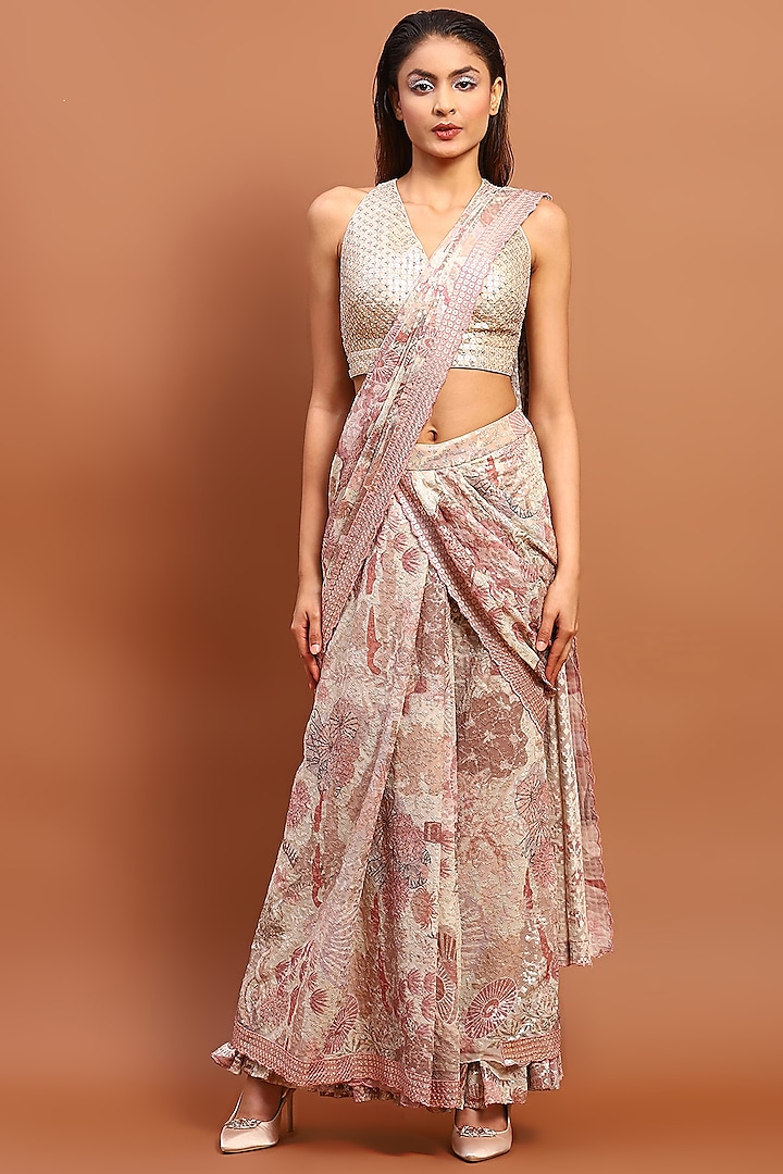 Ivory & Baby Pink Cotton Blend Printed Draped Saree by Soniya G
