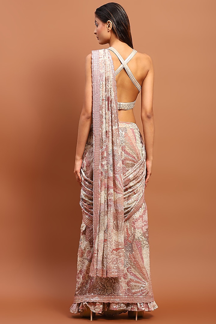 Ivory & Baby Pink Cotton Blend Printed Draped Wedding Saree by Soniya G at Pernia's Pop Up Shop