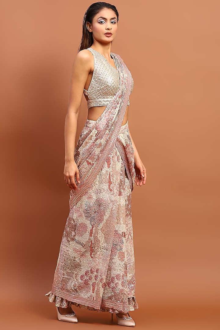 Ivory & Baby Pink Cotton Blend Printed Draped Wedding Saree by Soniya G at Pernia's Pop Up Shop