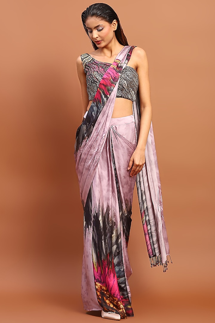 Lilac Satin Printed Draped Saree Set by Soniya G