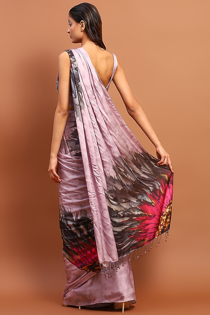 Lilac Satin Printed Draped Wedding Saree Set by Soniya G at Pernia's Pop Up Shop