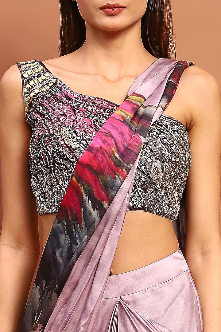 Lilac Satin Printed Draped Wedding Saree Set by Soniya G at Pernia's Pop Up Shop