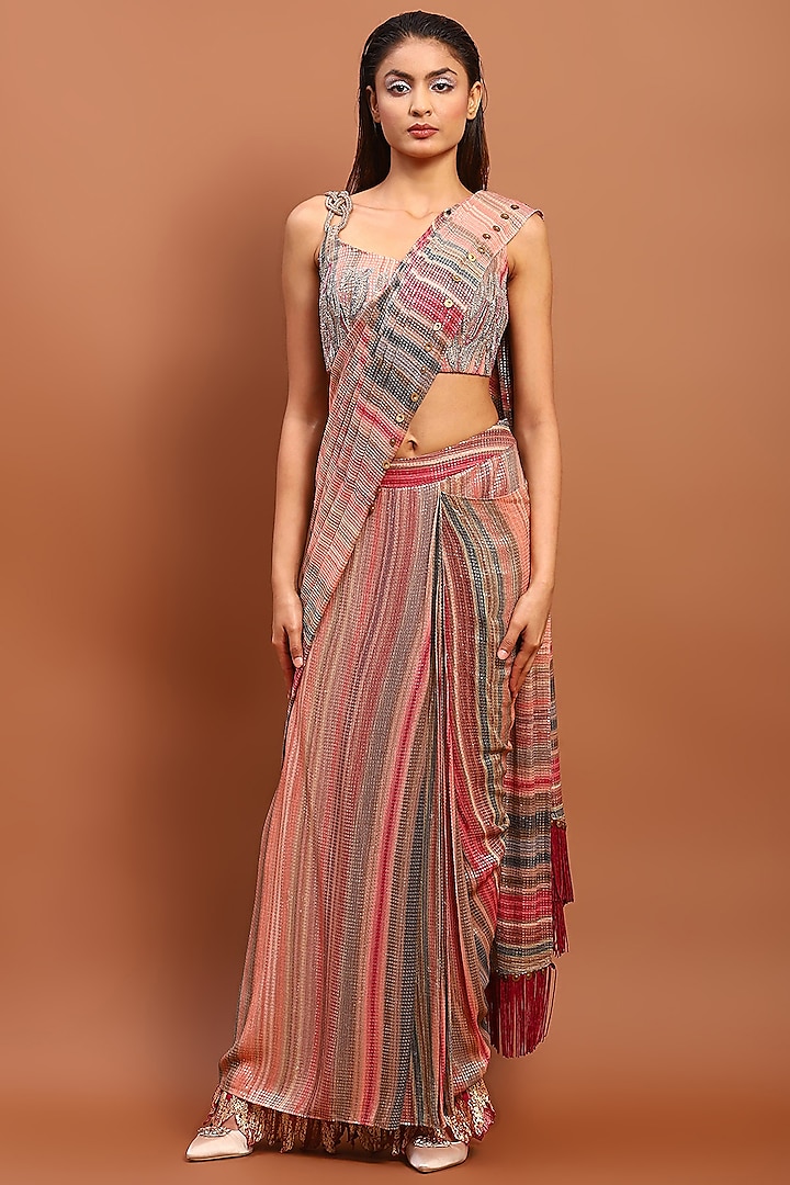 Multi-Colored Sequins Draped Saree Set by Soniya G