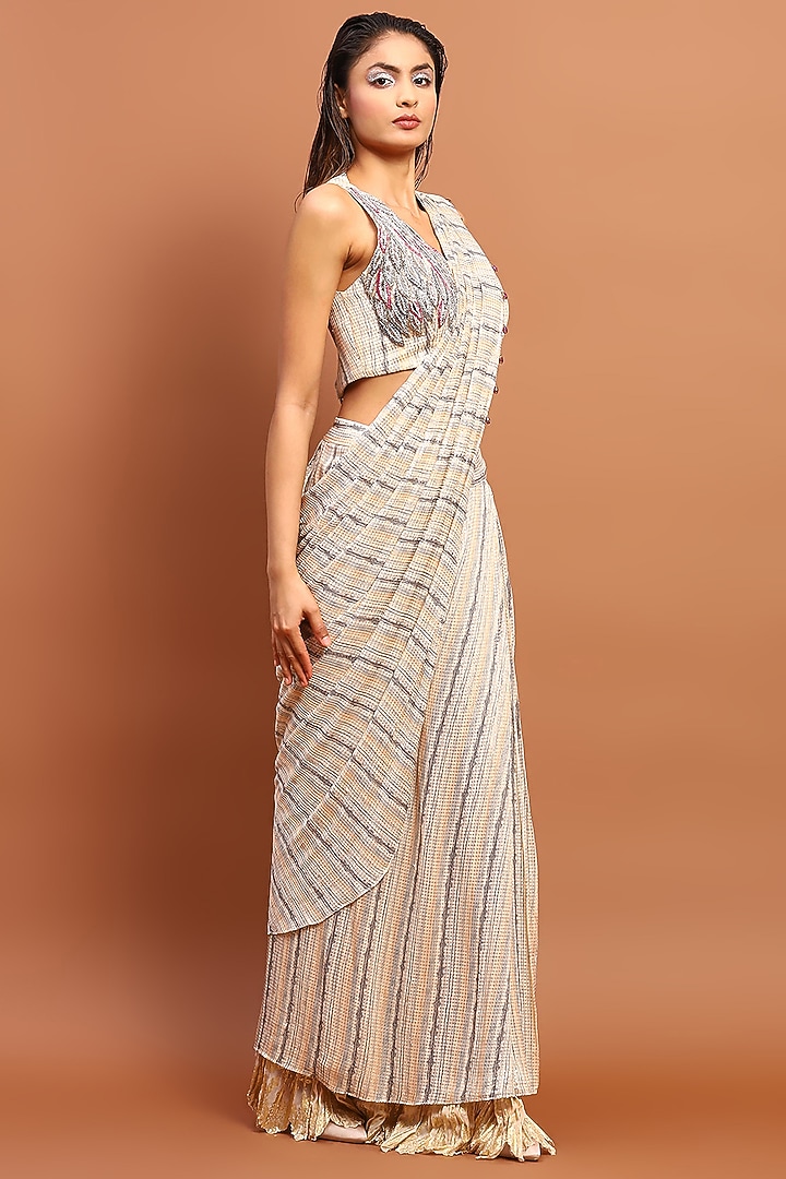 Ivory Sequins Draped Party Wear Saree Set by Soniya G at Pernia's Pop Up Shop