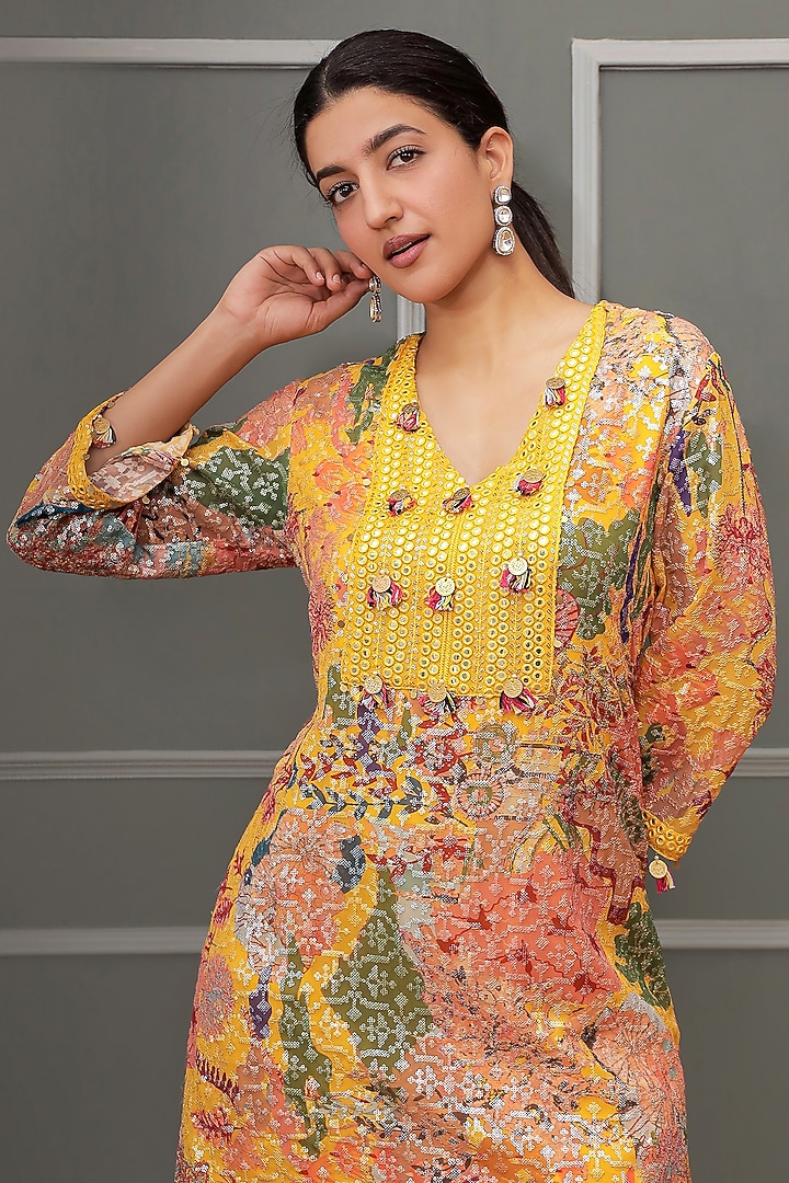 Yellow Georgette Sequins Printed & Embellished Kurta Set by Soniya G at Pernia's Pop Up Shop