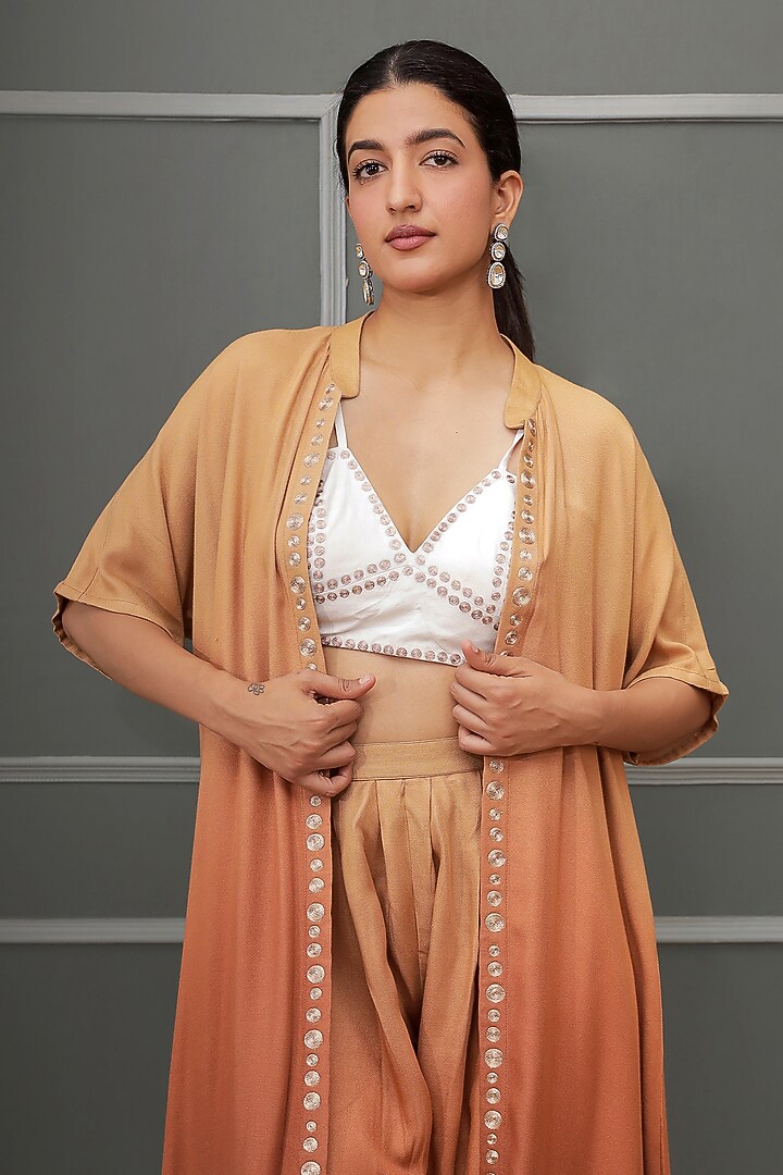 Brown Ombre Linen Crepe Zari Embroidered Co-Ord Set by Soniya G at Pernia's Pop Up Shop