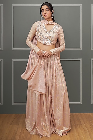 Dusty Pink Georgette Foil Printed Lehenga Set by Soniya G