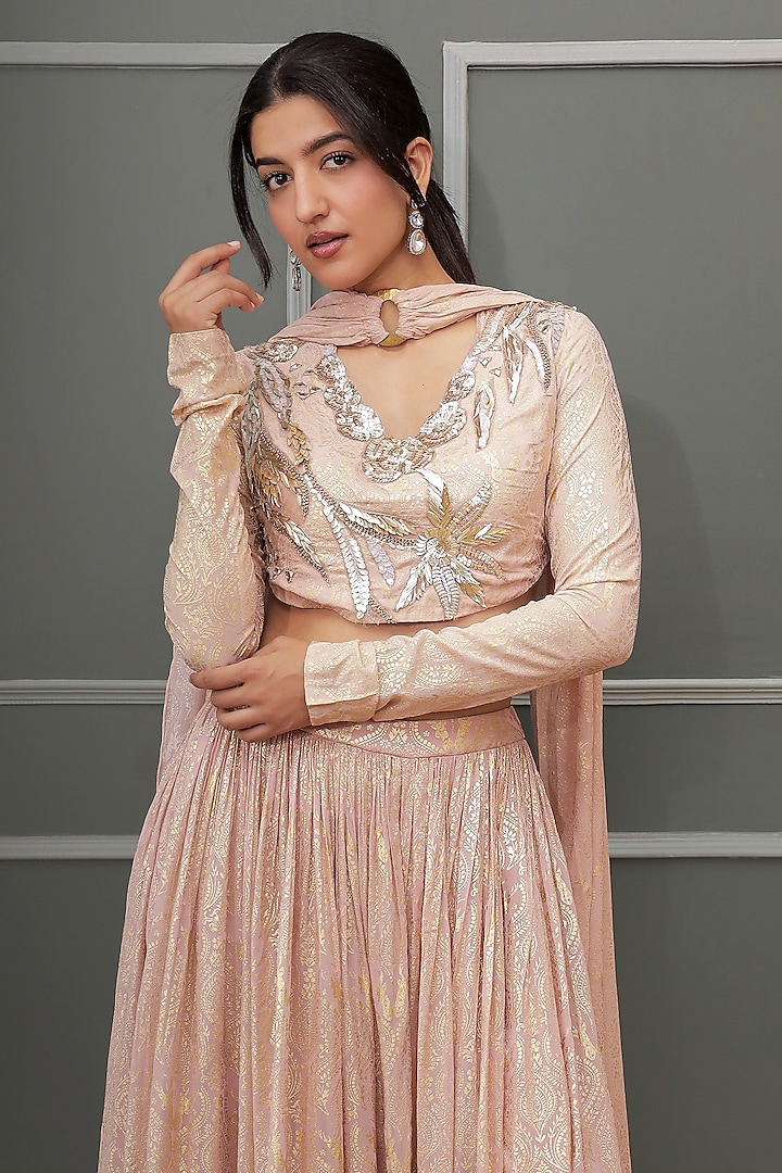 Dusty Pink Georgette Foil Printed Wedding Lehenga Set by Soniya G at Pernia's Pop Up Shop