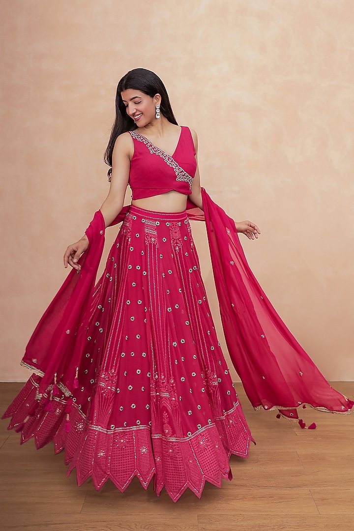 Hot Pink Georgette Chikankari Embroidered Wedding Lehenga Set by Soniya G at Pernia's Pop Up Shop