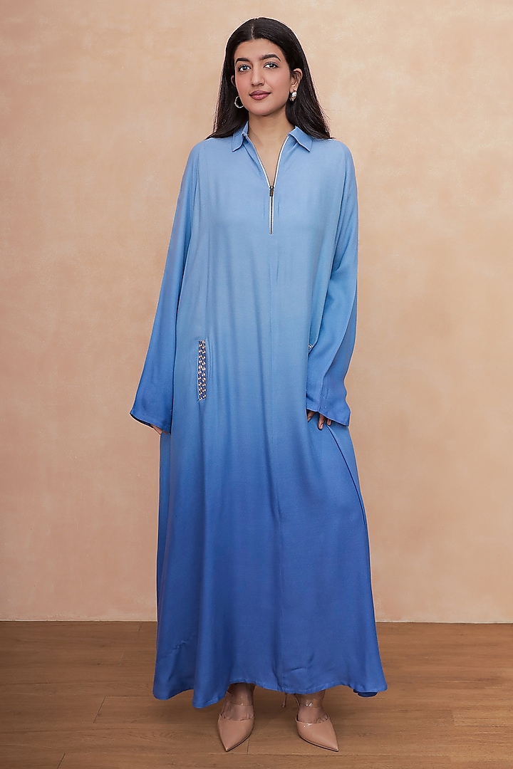 Blue Ombre Linen Crepe Dori Embroidered Vacation Dress by Soniya G at Pernia's Pop Up Shop