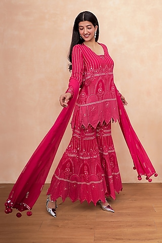 Hot Pink Georgette Chikankari Embroidered Sharara Set by Soniya G