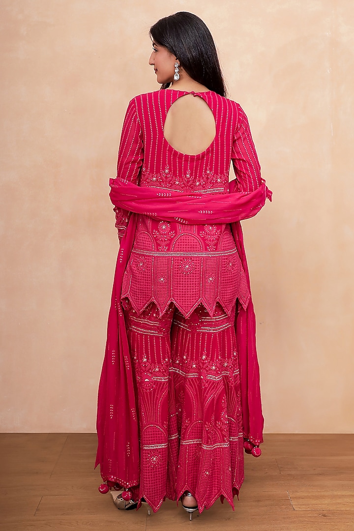 Hot Pink Georgette Chikankari Embroidered Party Wear Sharara Set by Soniya G at Pernia's Pop Up Shop