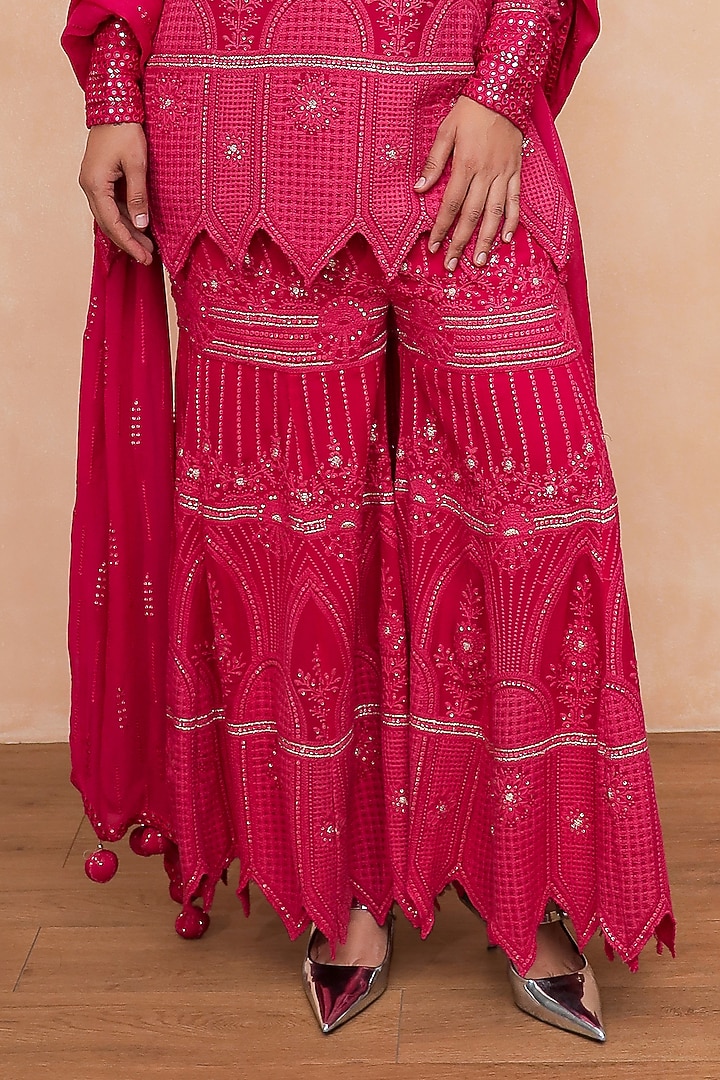 Hot Pink Georgette Chikankari Embroidered Party Wear Sharara Set by Soniya G at Pernia's Pop Up Shop
