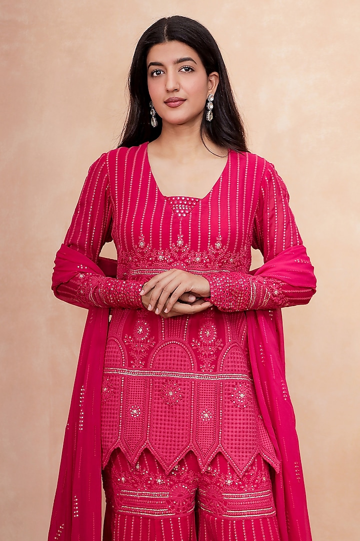 Hot Pink Georgette Chikankari Embroidered Party Wear Sharara Set by Soniya G at Pernia's Pop Up Shop